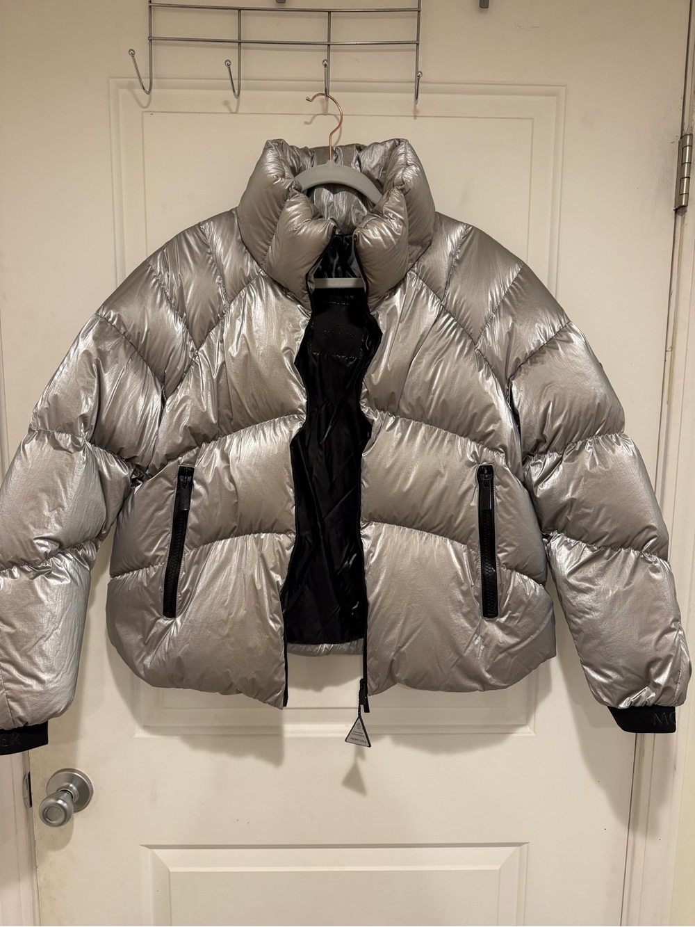 Moncler Metallic Silver Short Puffer Jacket